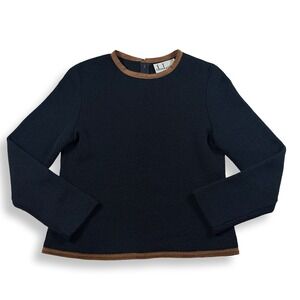 Vintage 90's Black Wool Blend Ribbed Sweater Brown Suede Trim